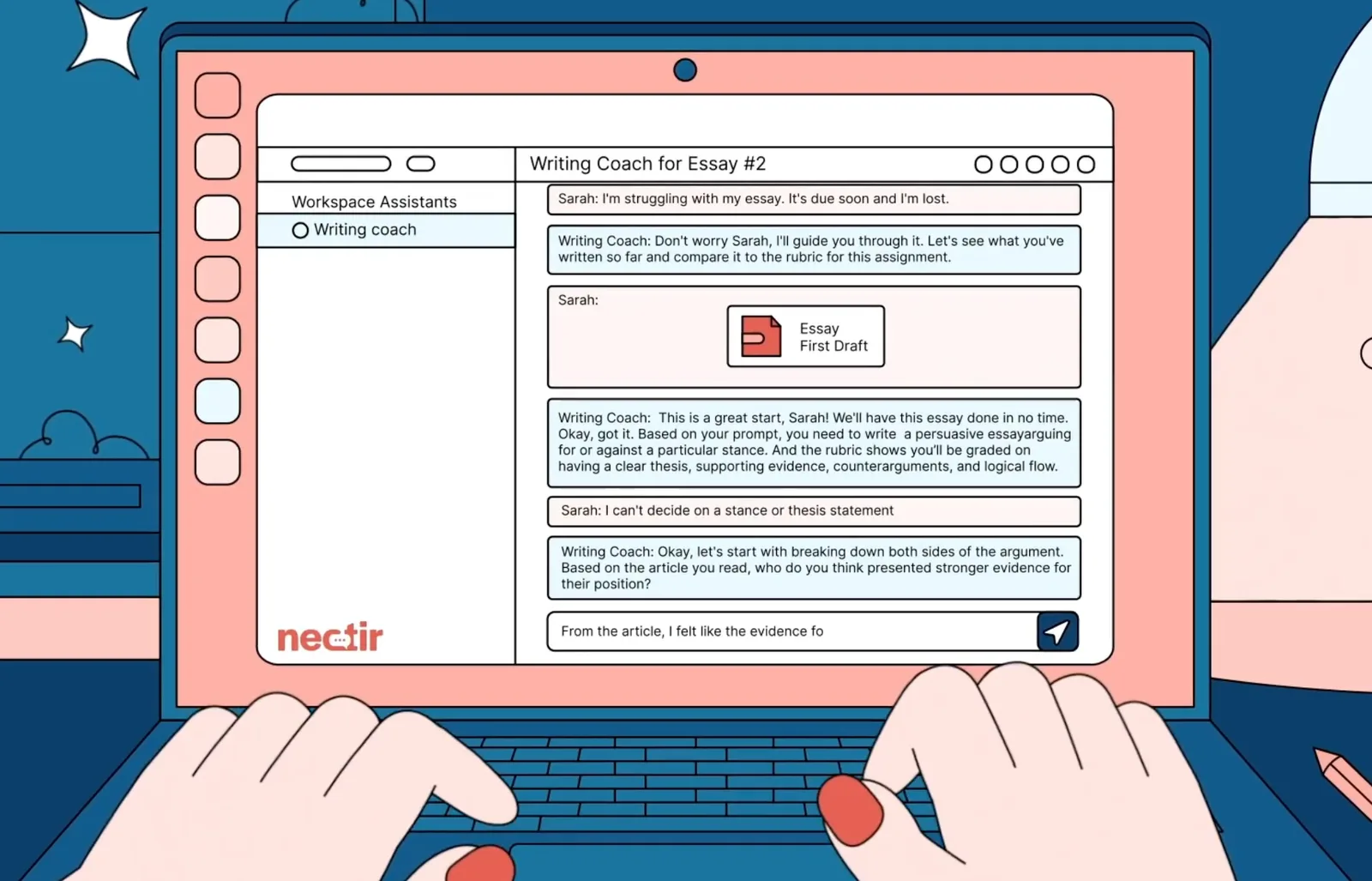 Illustration of a student chatting with a Writing Coach assistant on a laptop, working through an essay draft against the rubric