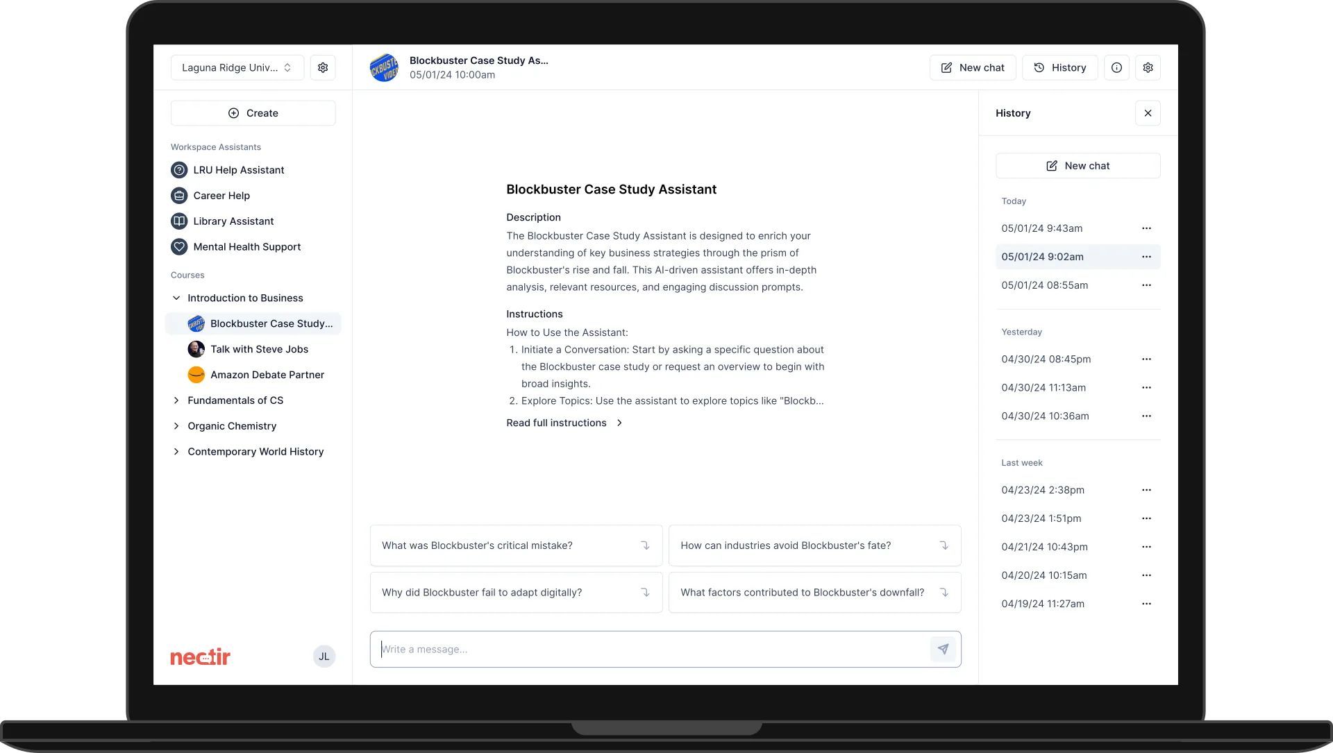 The Nectir AI app on a laptop: a Blockbuster Case Study Assistant with its description, instructions, suggested questions and chat history, next to a workspace sidebar of course assistants