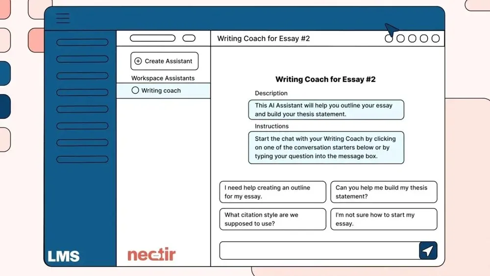 Illustration of a Nectir Writing Coach Assistant open inside a learning management system
